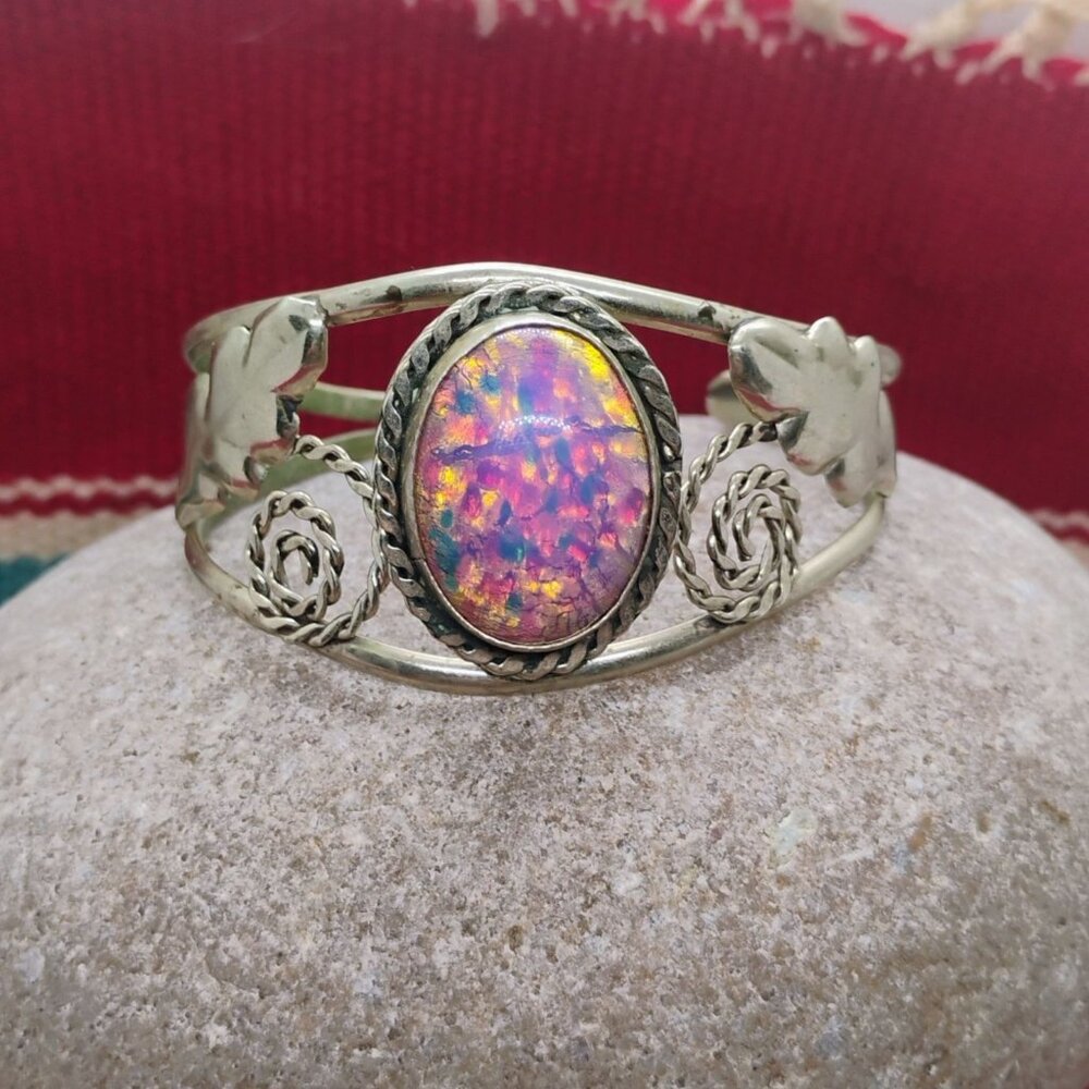 Vtg Mexico Alpaca Silver Dragon's Breath Confetti Lucite Cuff Bracelet 22.5g - Picture 3 of 6